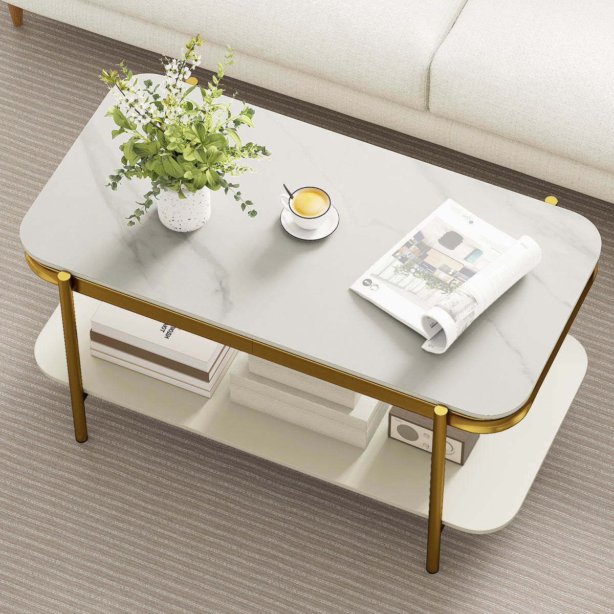2-Tier Modern Coffee Table with Sintered Stone Top - White