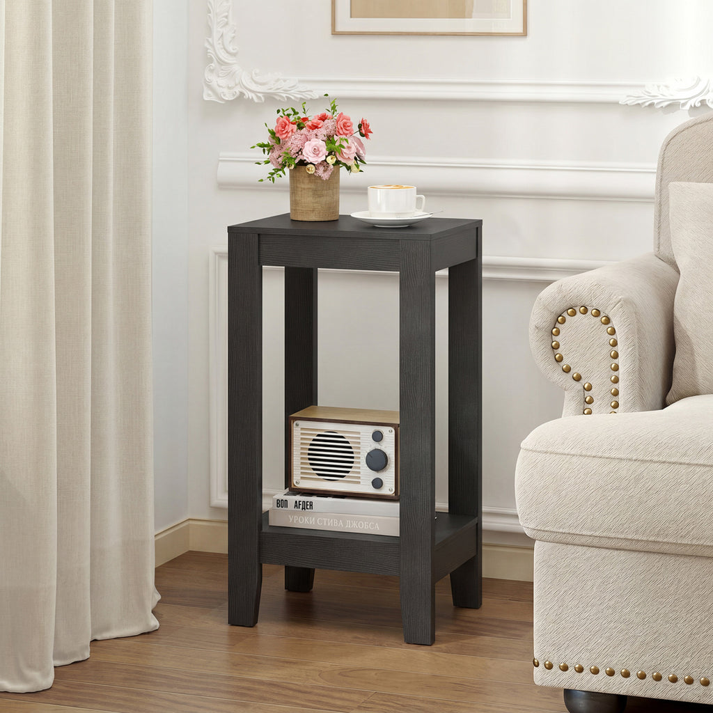 2-Tier Nightstand End Table with Wooden Legs - Black