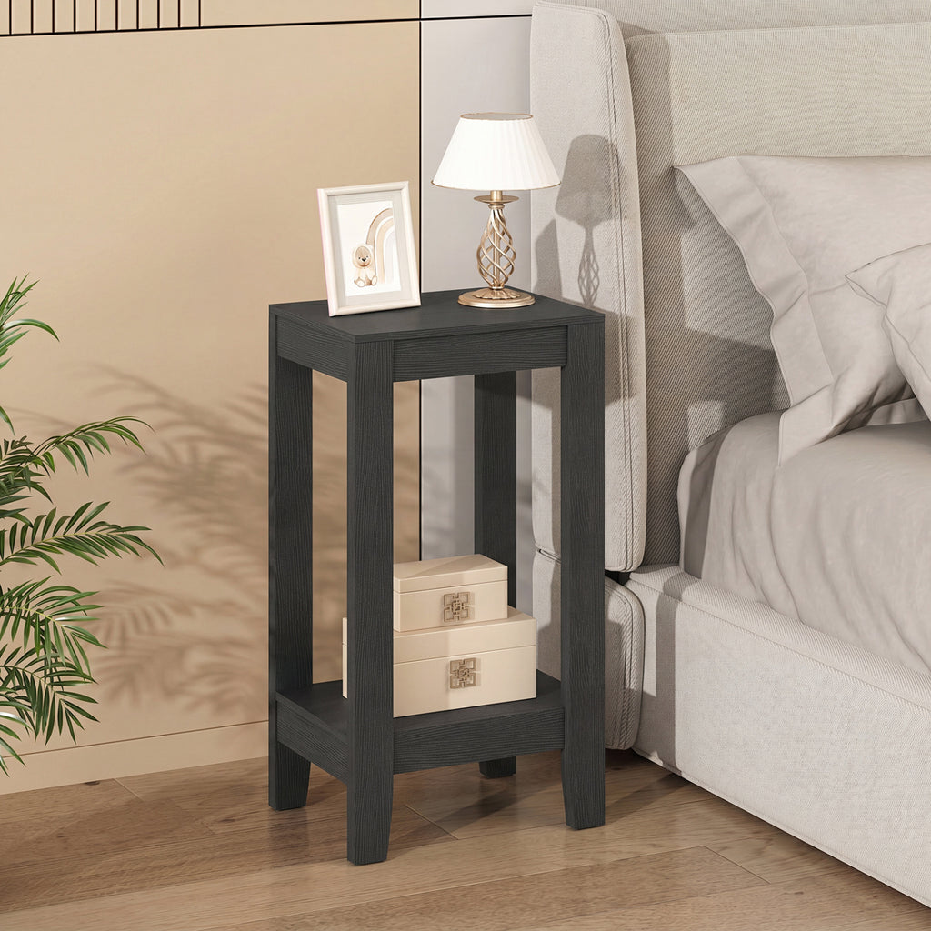 2-Tier Nightstand End Table with Wooden Legs - Black