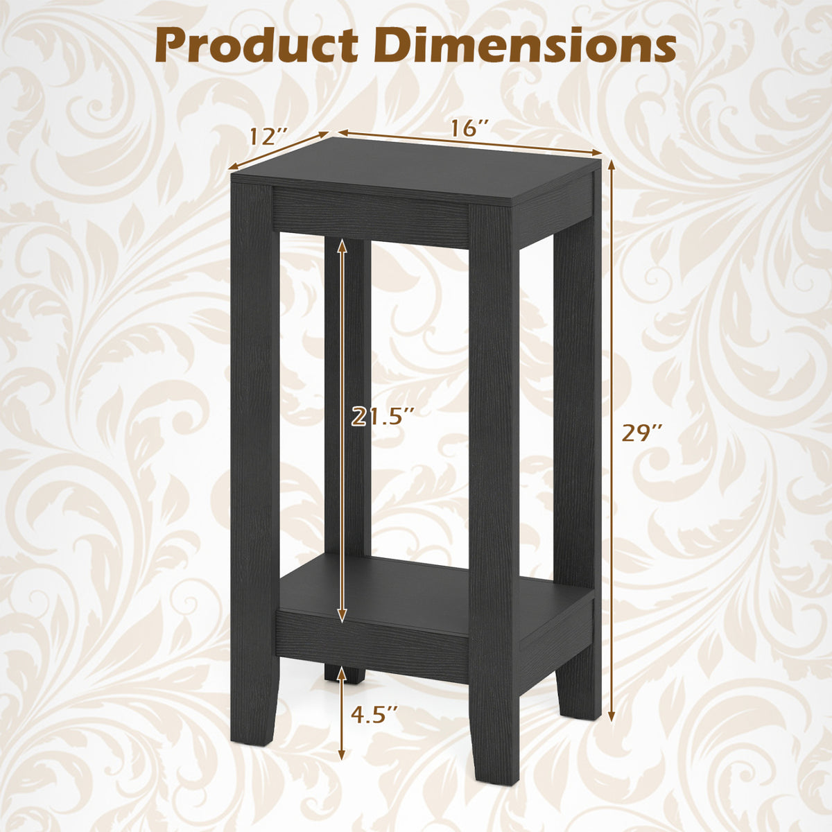 2-Tier Nightstand End Table with Wooden Legs - Black