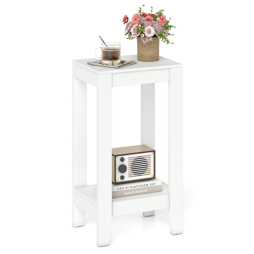 2-Tier Nightstand End Table with Wooden Legs - White