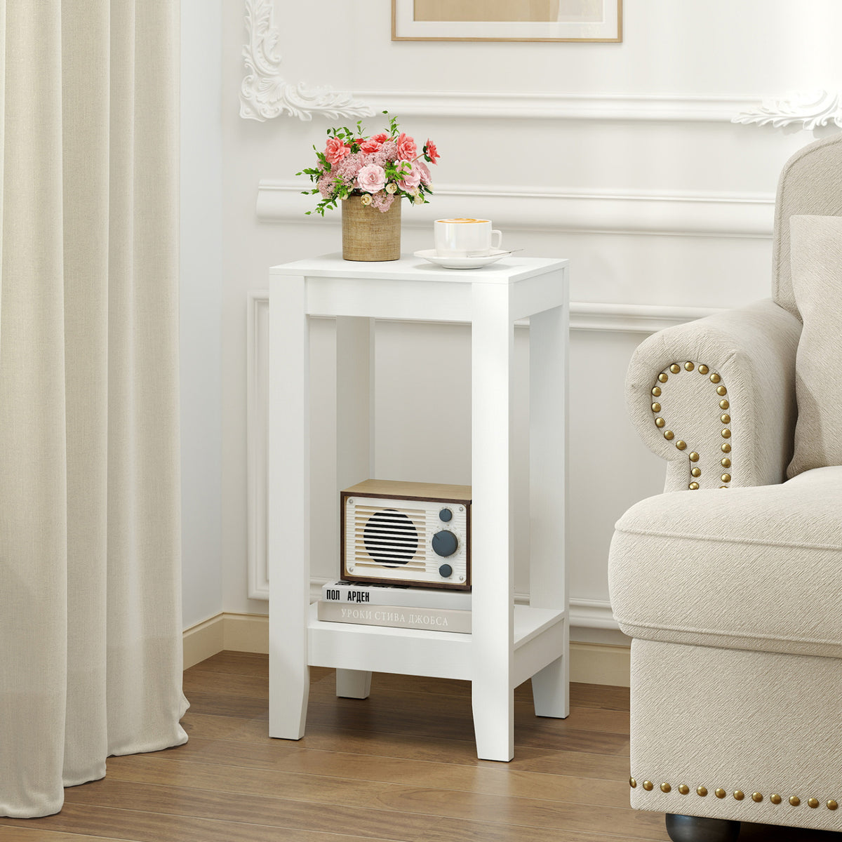 2-Tier Nightstand End Table with Wooden Legs - White
