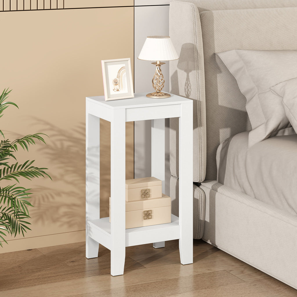 2-Tier Nightstand End Table with Wooden Legs - White