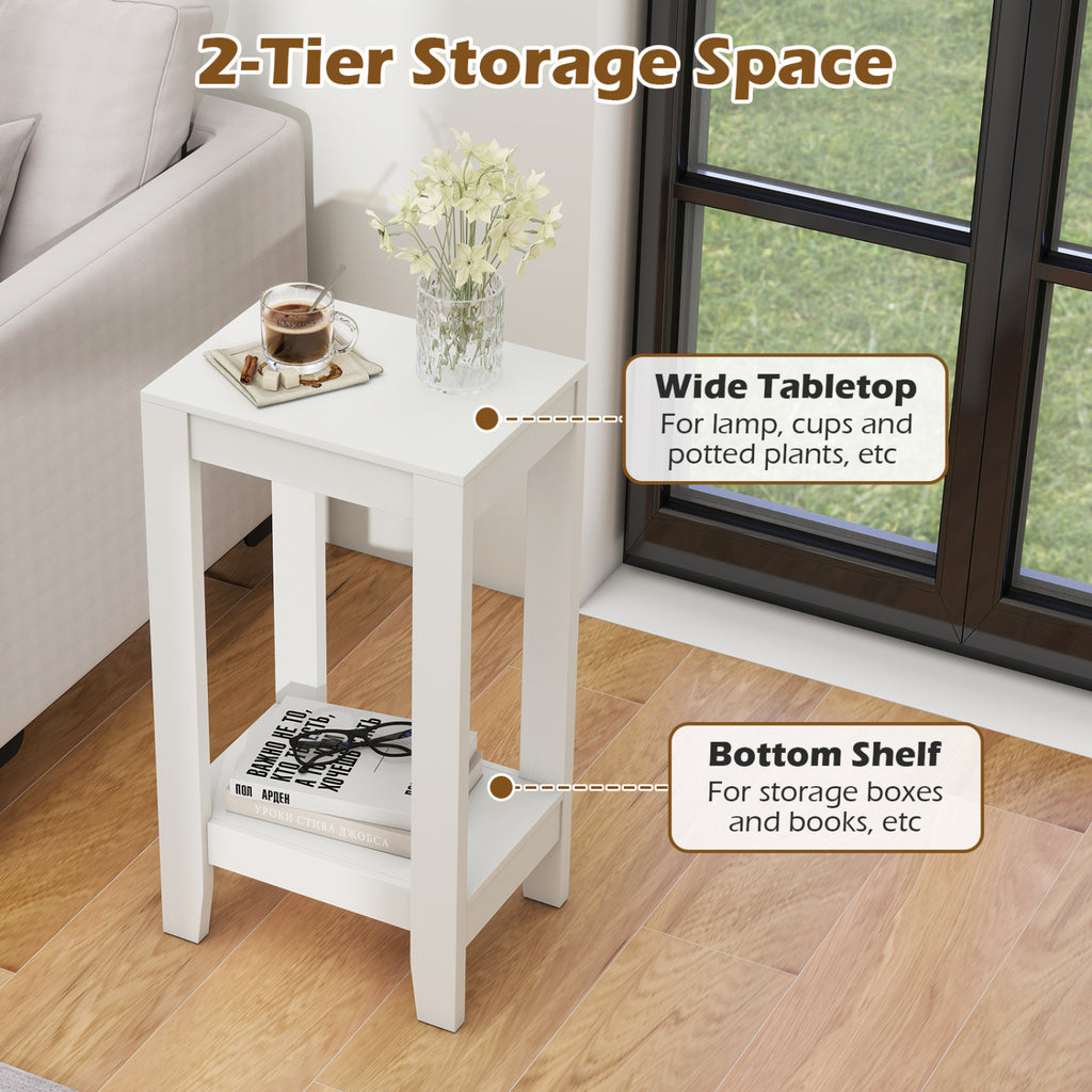 2-Tier Nightstand End Table with Wooden Legs - White