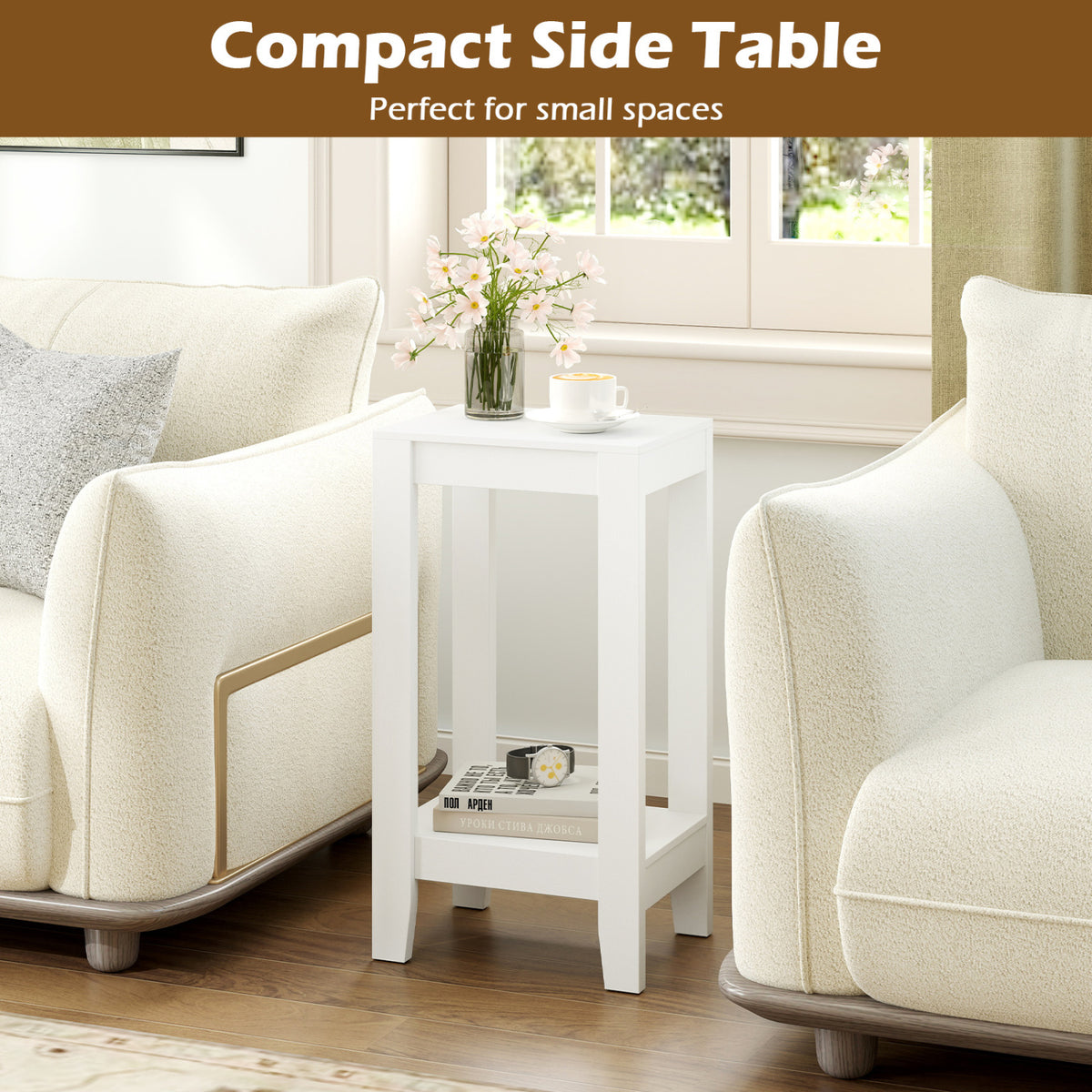 2-Tier Nightstand End Table with Wooden Legs - White