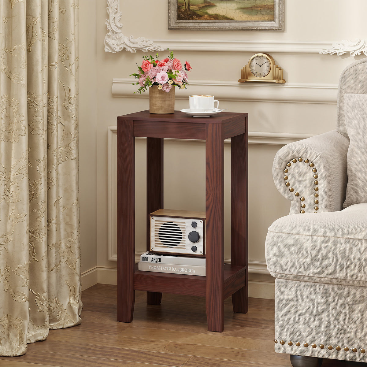 2-Tier Nightstand End Table with Wooden Legs - Black