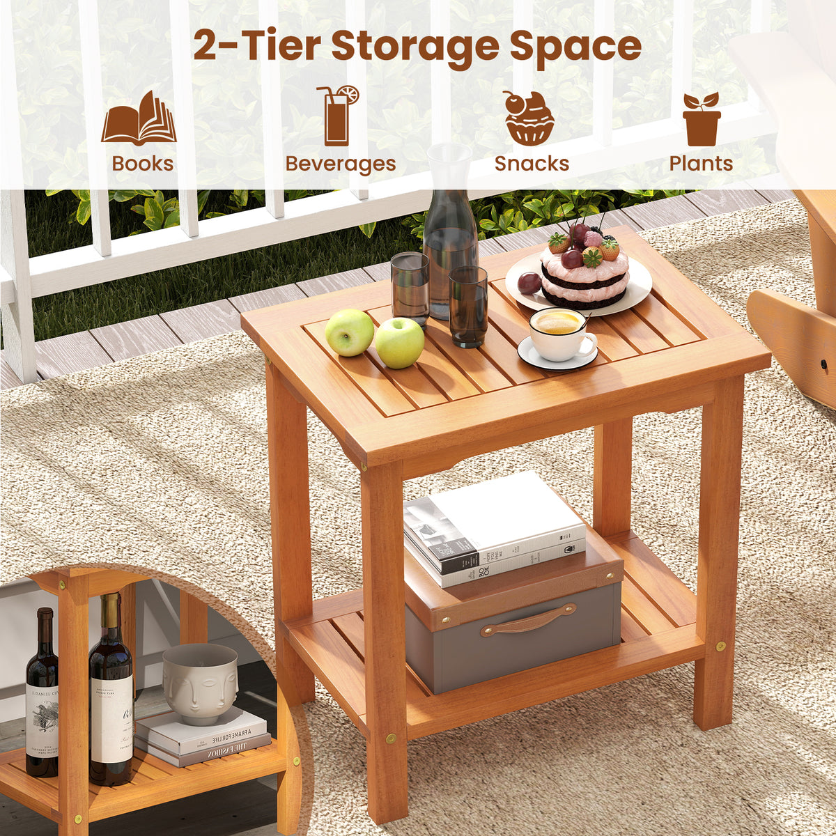 2-Tier Outdoor Acacia Wood Side Table with Slatted Tabletop and