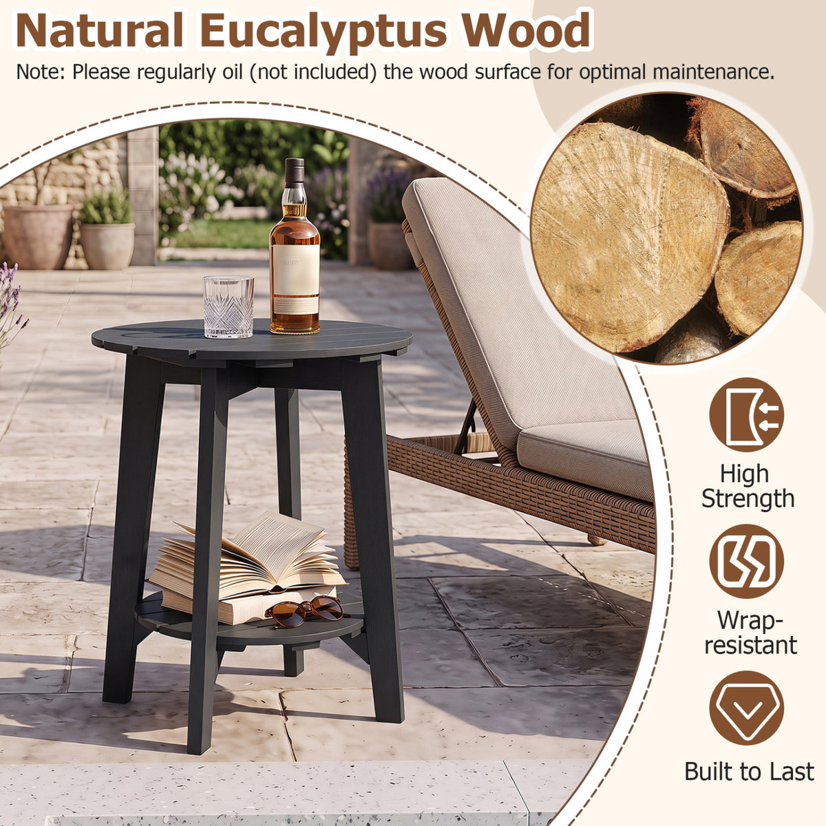 2-Tier Outdoor Eucalyptus Wood Side Table with Slatted Tabletop and
