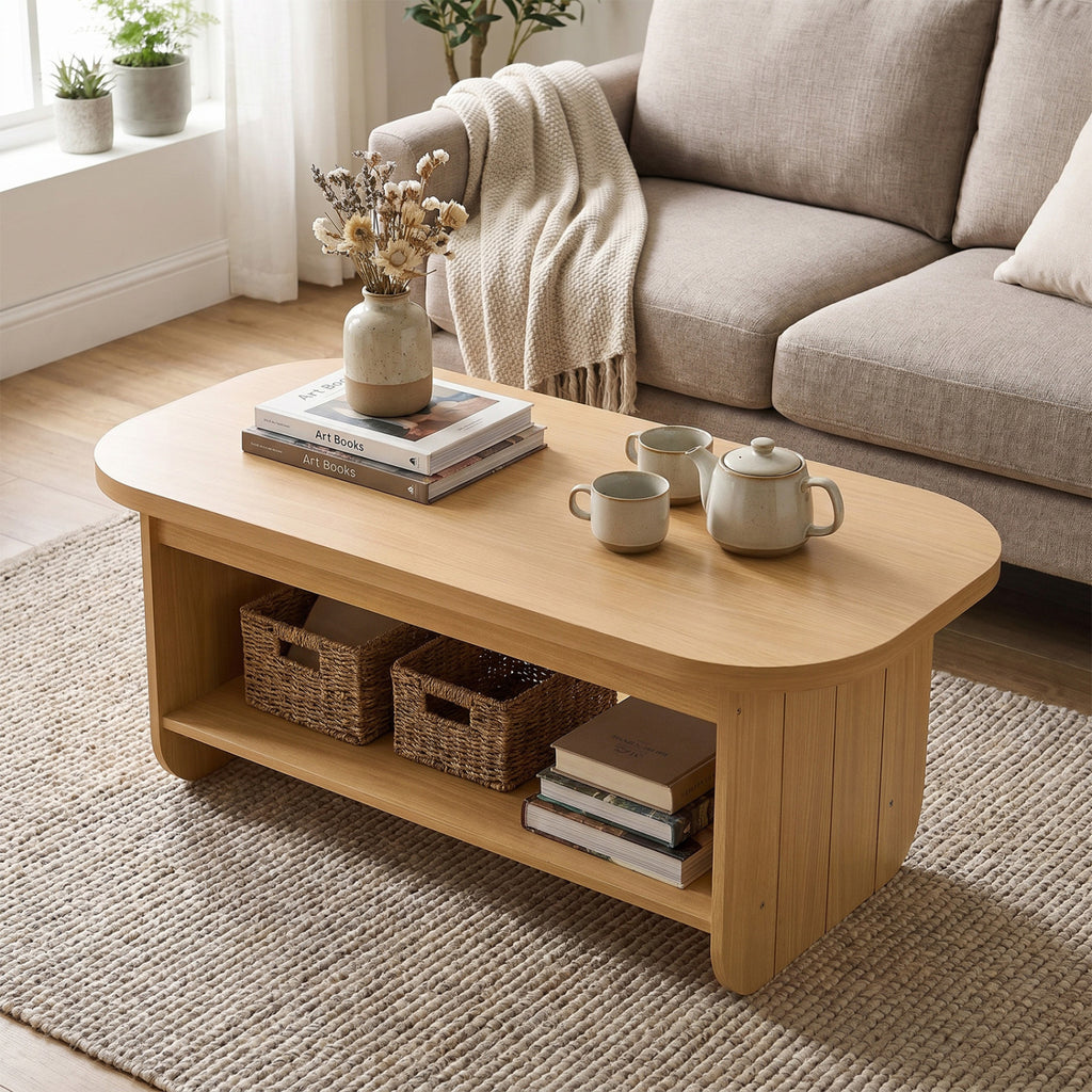 2-Tier Oval Coffee Table with Storage - Natural