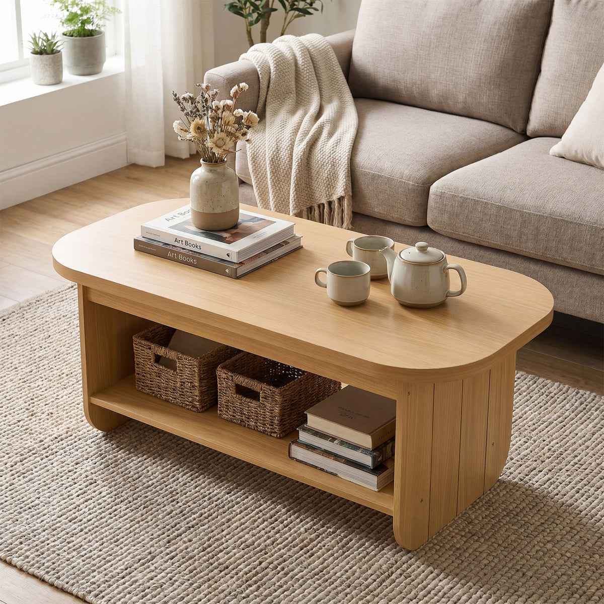 2-Tier Oval Coffee Table with Storage - Natural