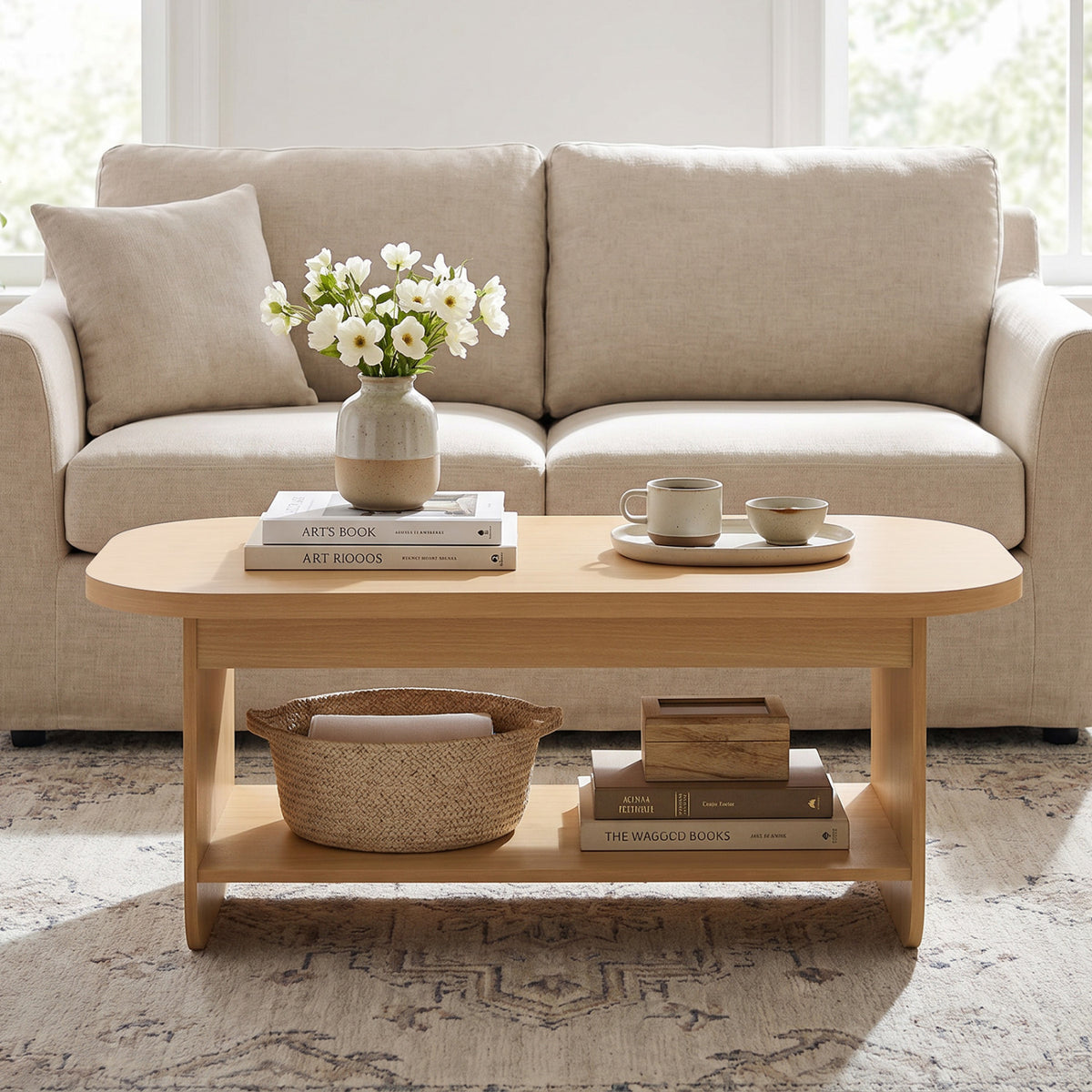 2-Tier Oval Coffee Table with Storage - Natural