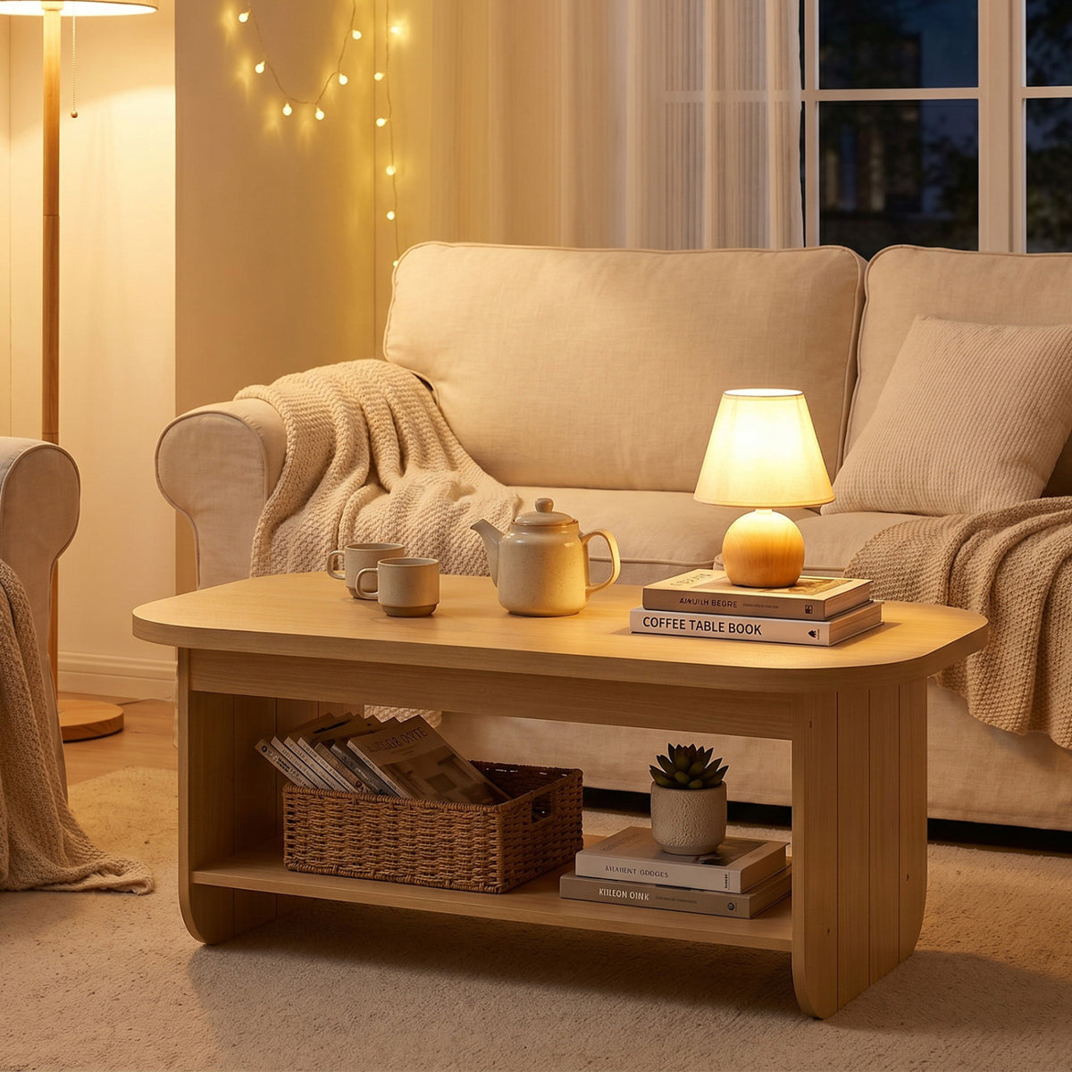 2-Tier Oval Coffee Table with Storage - Natural