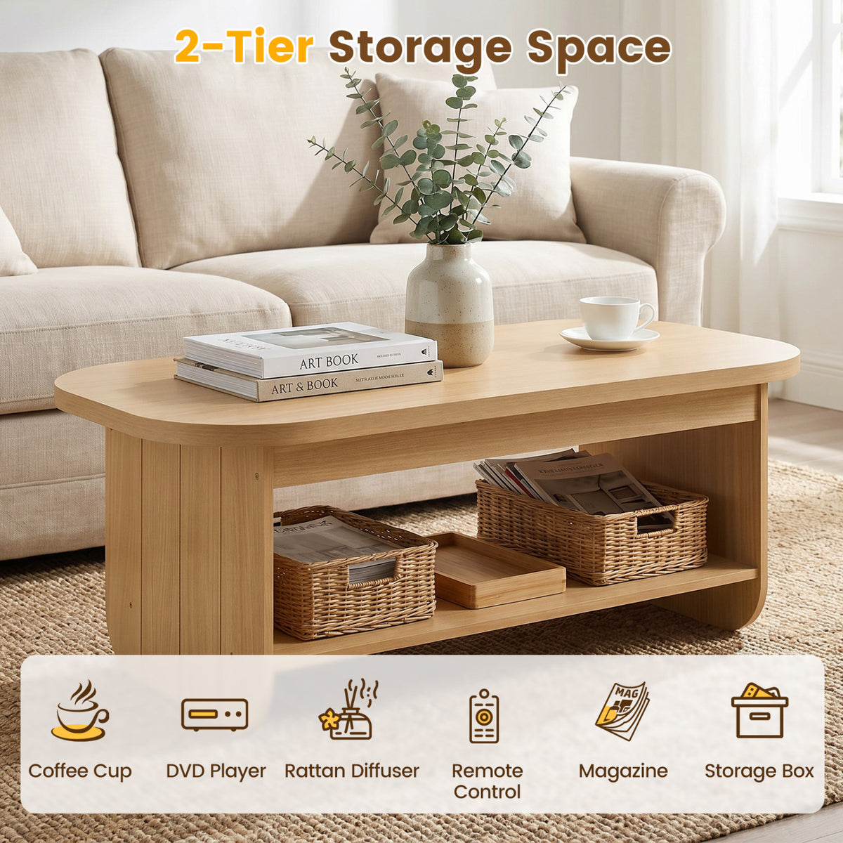 2-Tier Oval Coffee Table with Storage - Natural