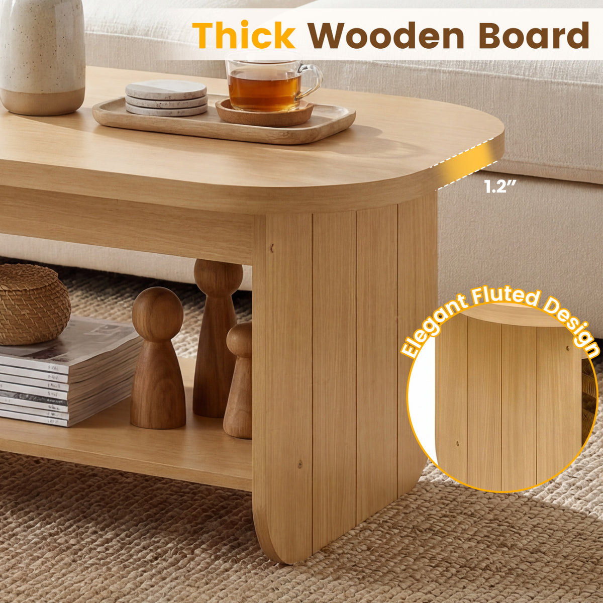 2-Tier Oval Coffee Table with Storage - Natural