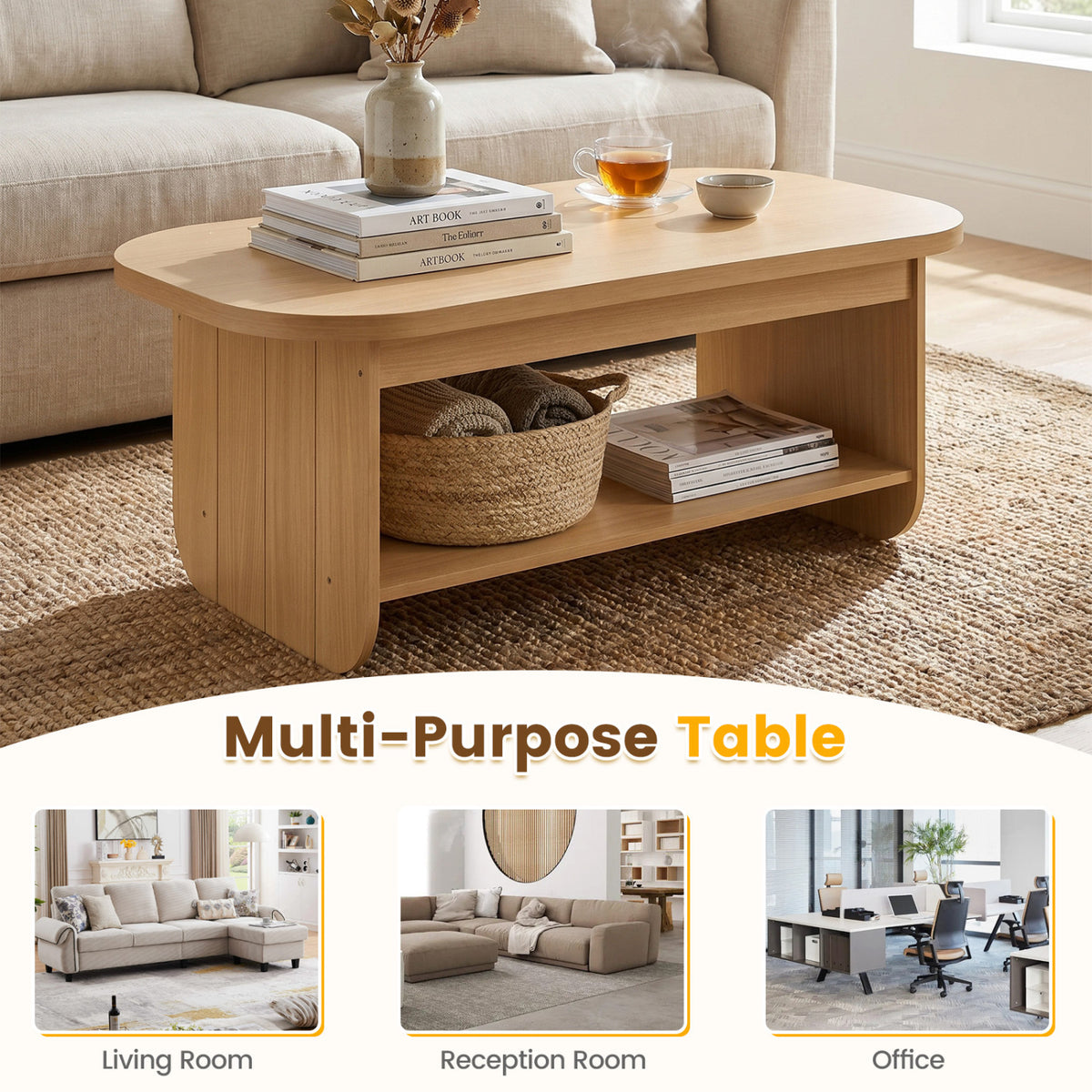 2-Tier Oval Coffee Table with Storage - Natural