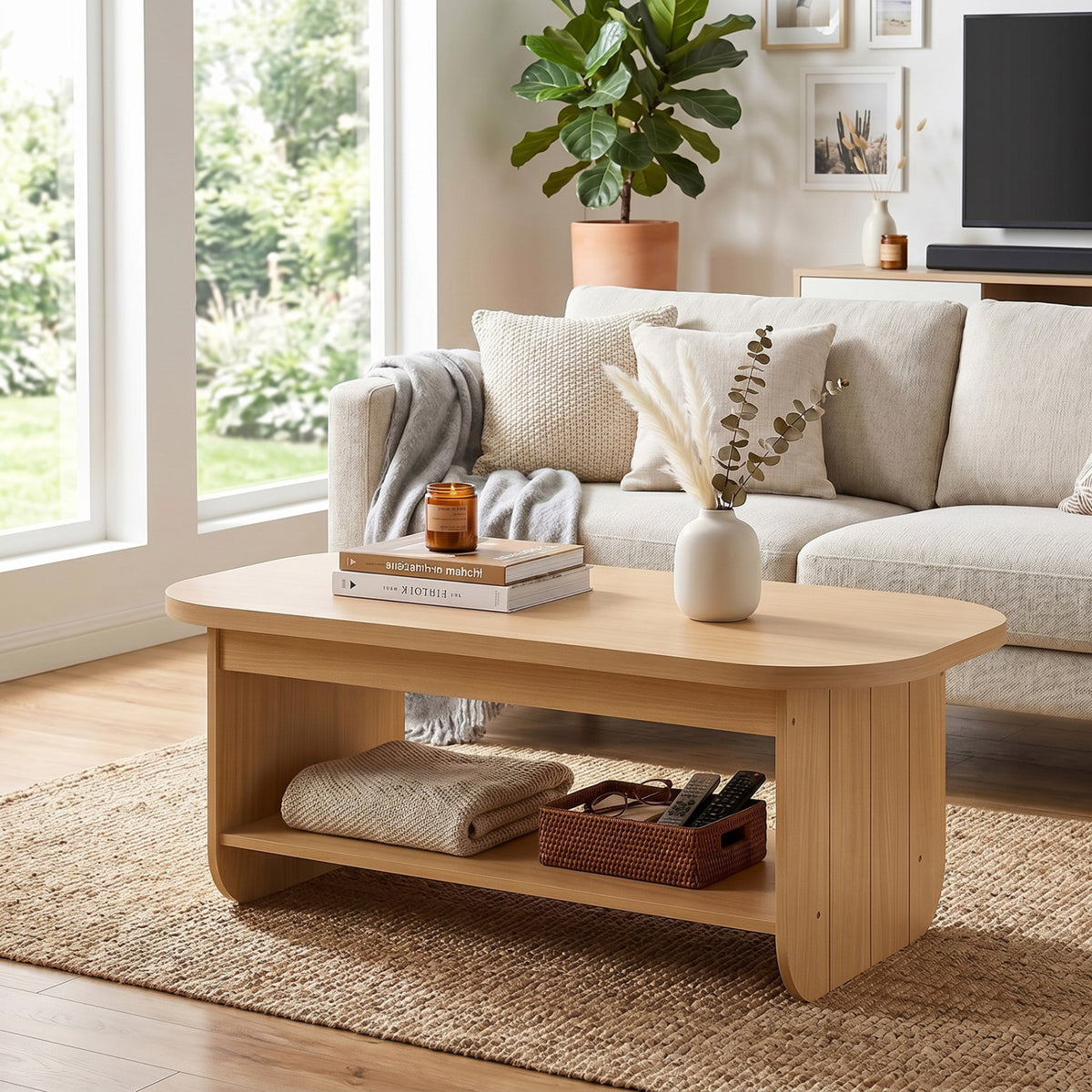 2-Tier Oval Coffee Table with Storage - Natural