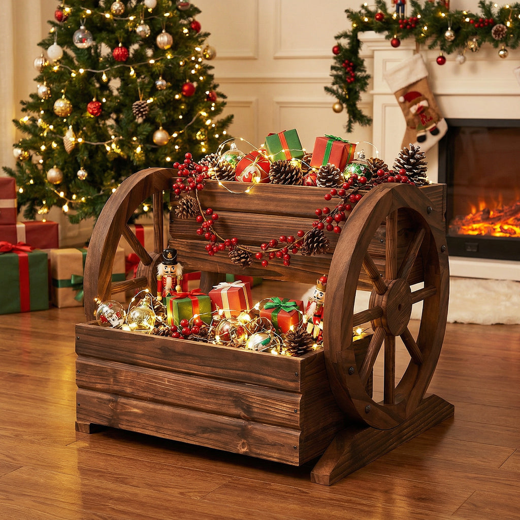 2-Tier Raised Garden Bed Wagon with Wheels - Coffee