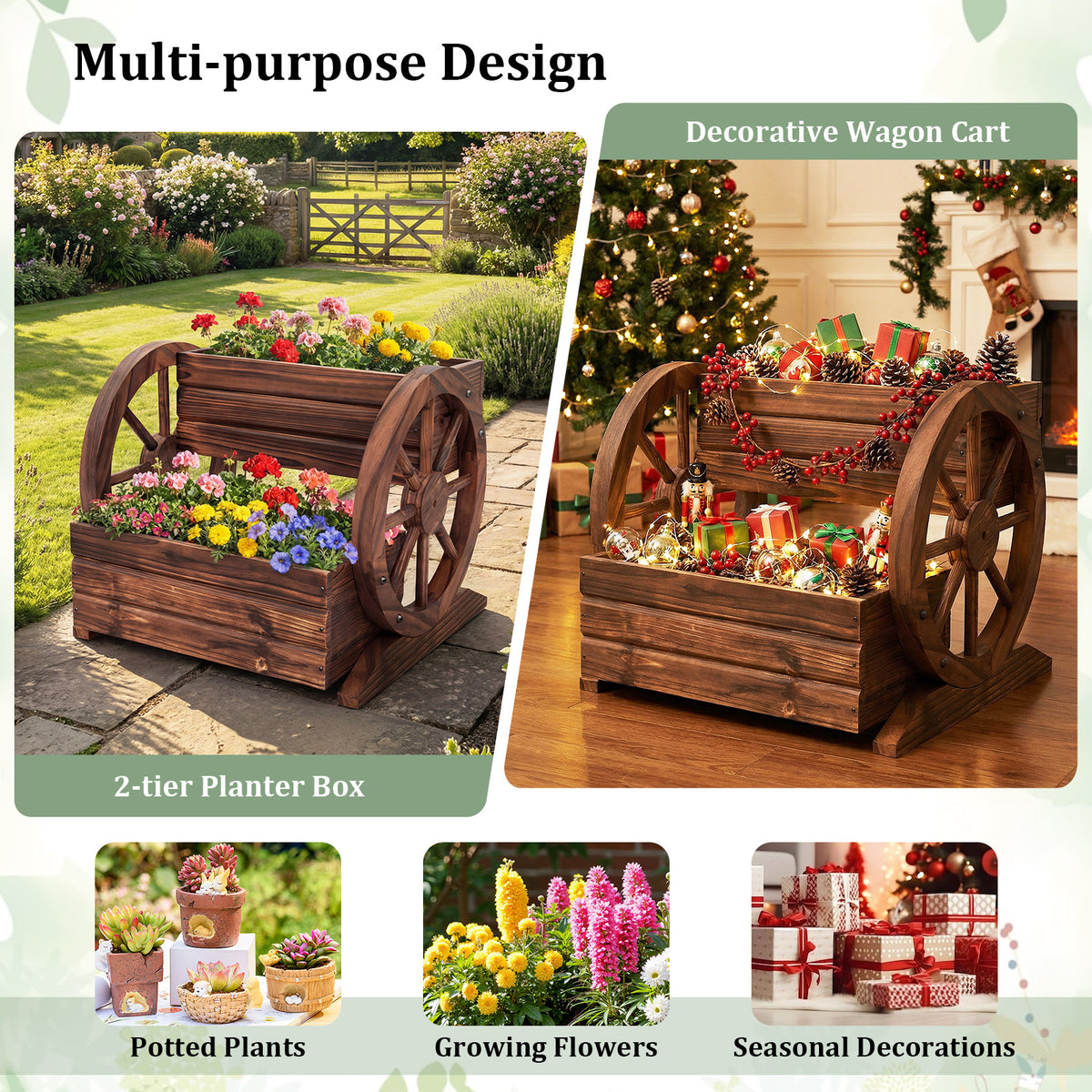 2-Tier Raised Garden Bed Wagon with Wheels - Coffee