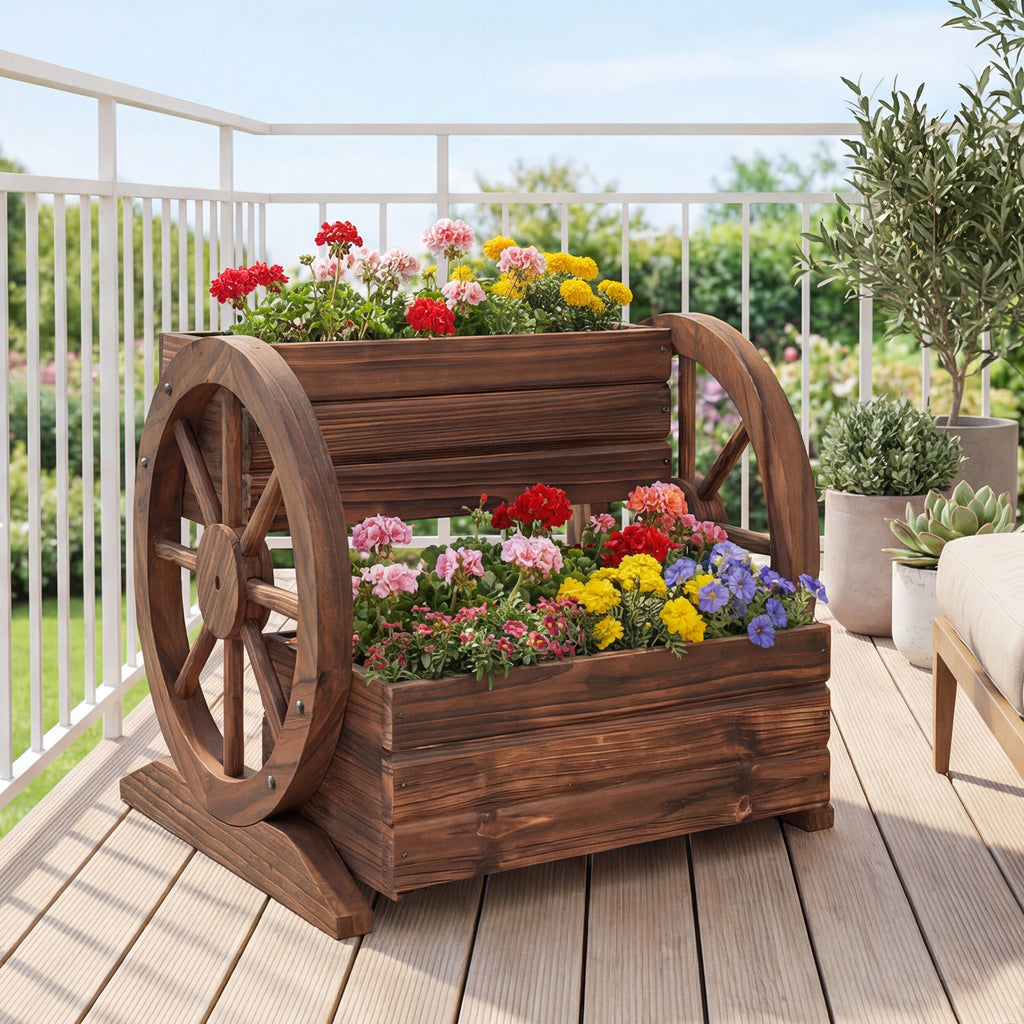2-Tier Raised Garden Bed Wagon with Wheels - Coffee