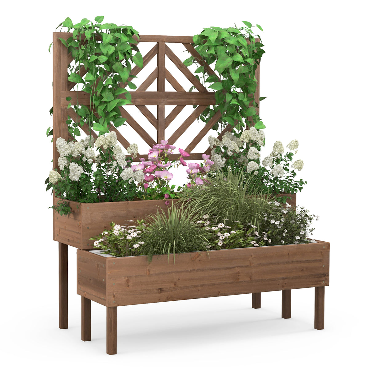 2-Tier Raised Garden Bed with Trellis - 43 x 24.5 x 53 inch, Brown