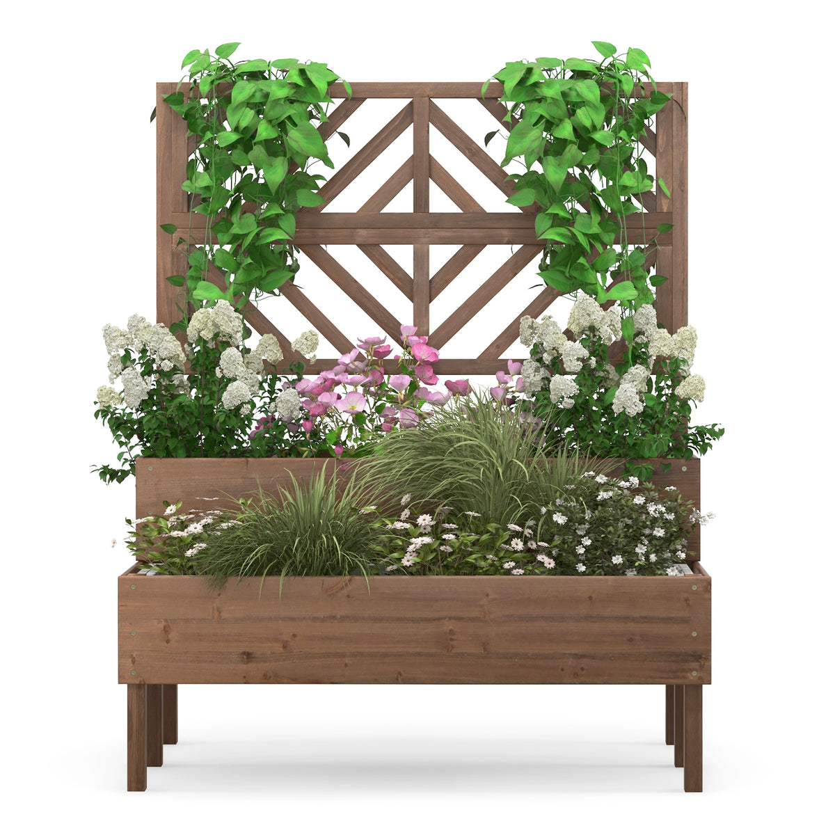2-Tier Raised Garden Bed with Trellis - 43 x 24.5 x 53 inch, Brown