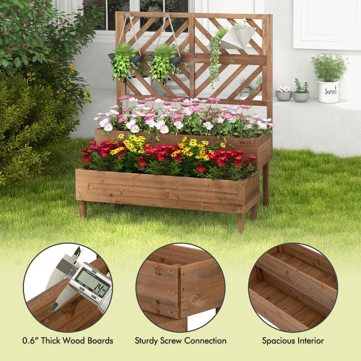 2-Tier Raised Garden Bed with Trellis - 43 x 24.5 x 53 inch, Brown