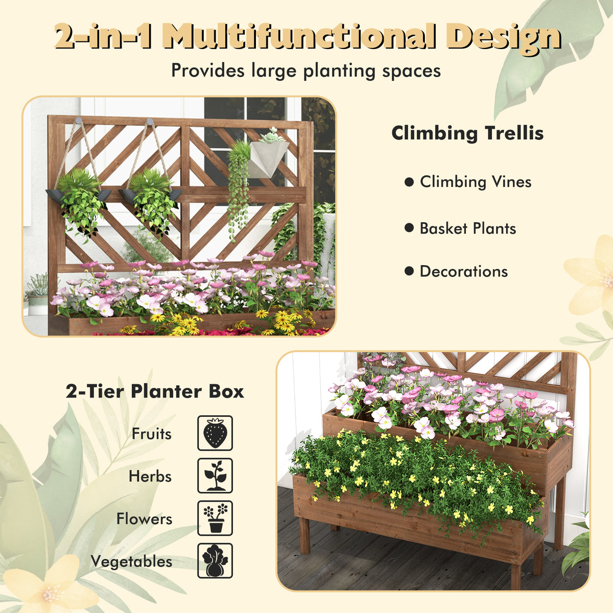 2-Tier Raised Garden Bed with Trellis - 43 x 24.5 x 53 inch, Brown