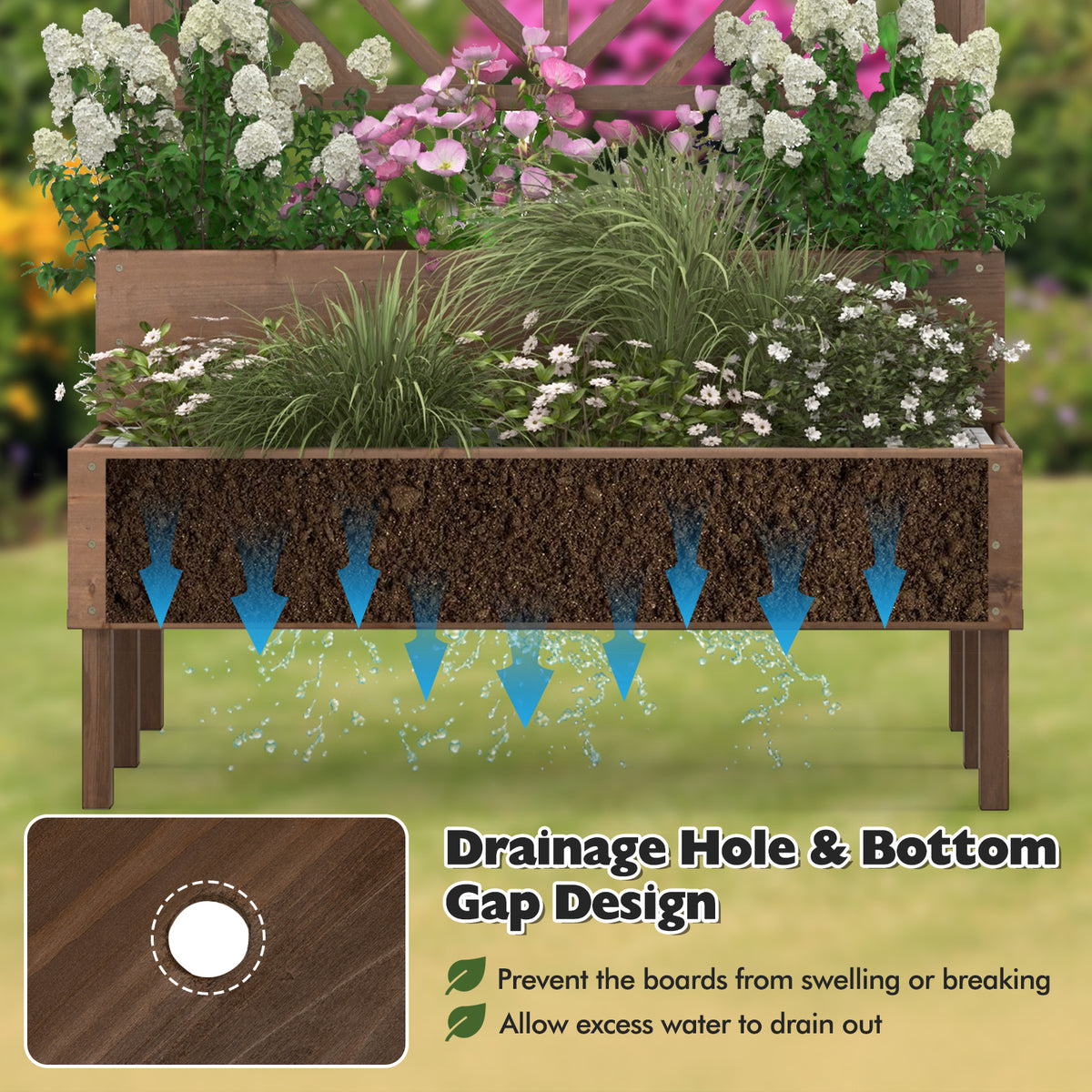2-Tier Raised Garden Bed with Trellis Wooden Elevated Planter Box Legs