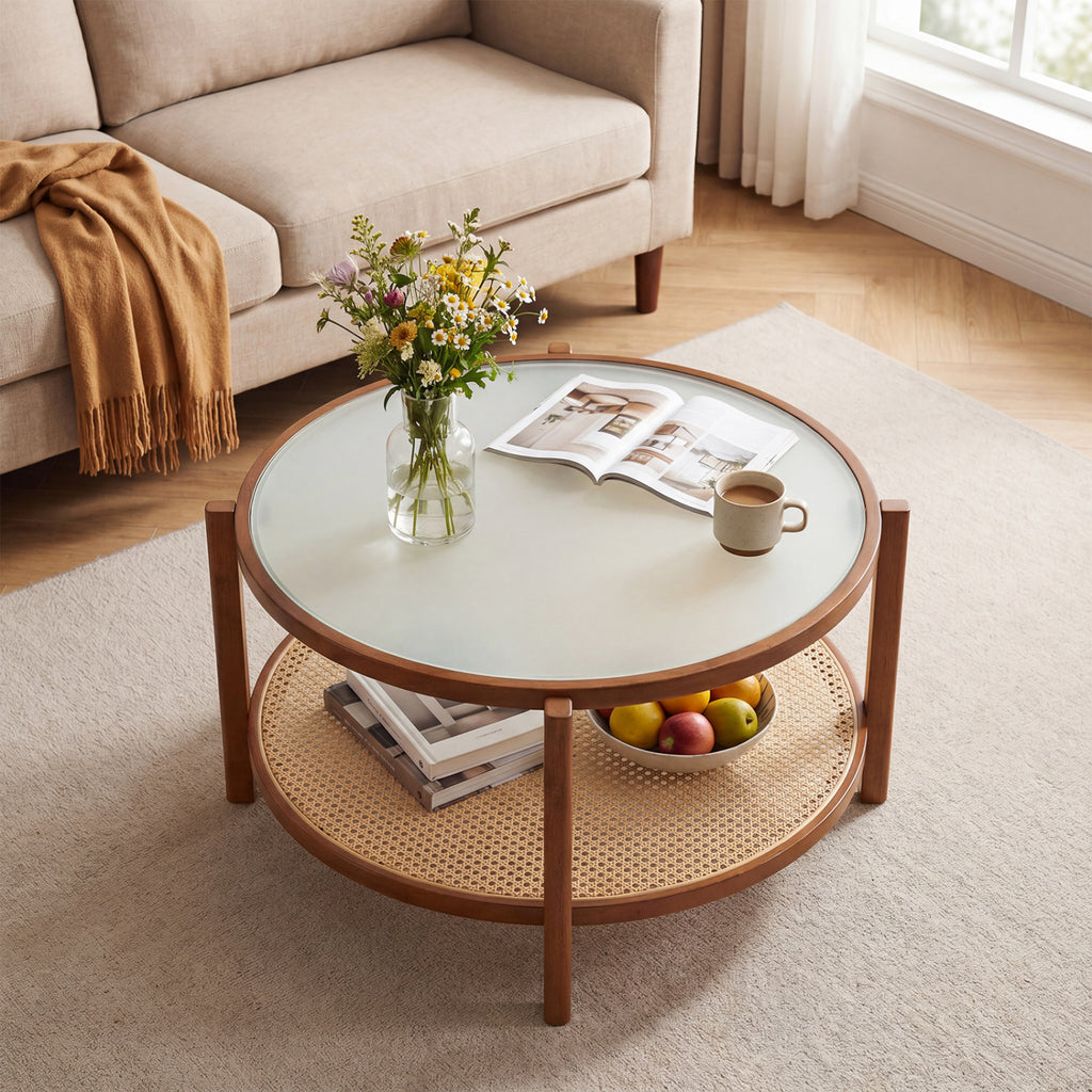 2-Tier Rattan Coffee Table with Frosted Glass Top, Walnut