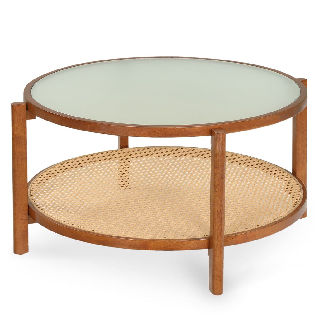 2-Tier Rattan Coffee Table with Frosted Glass Top, Walnut