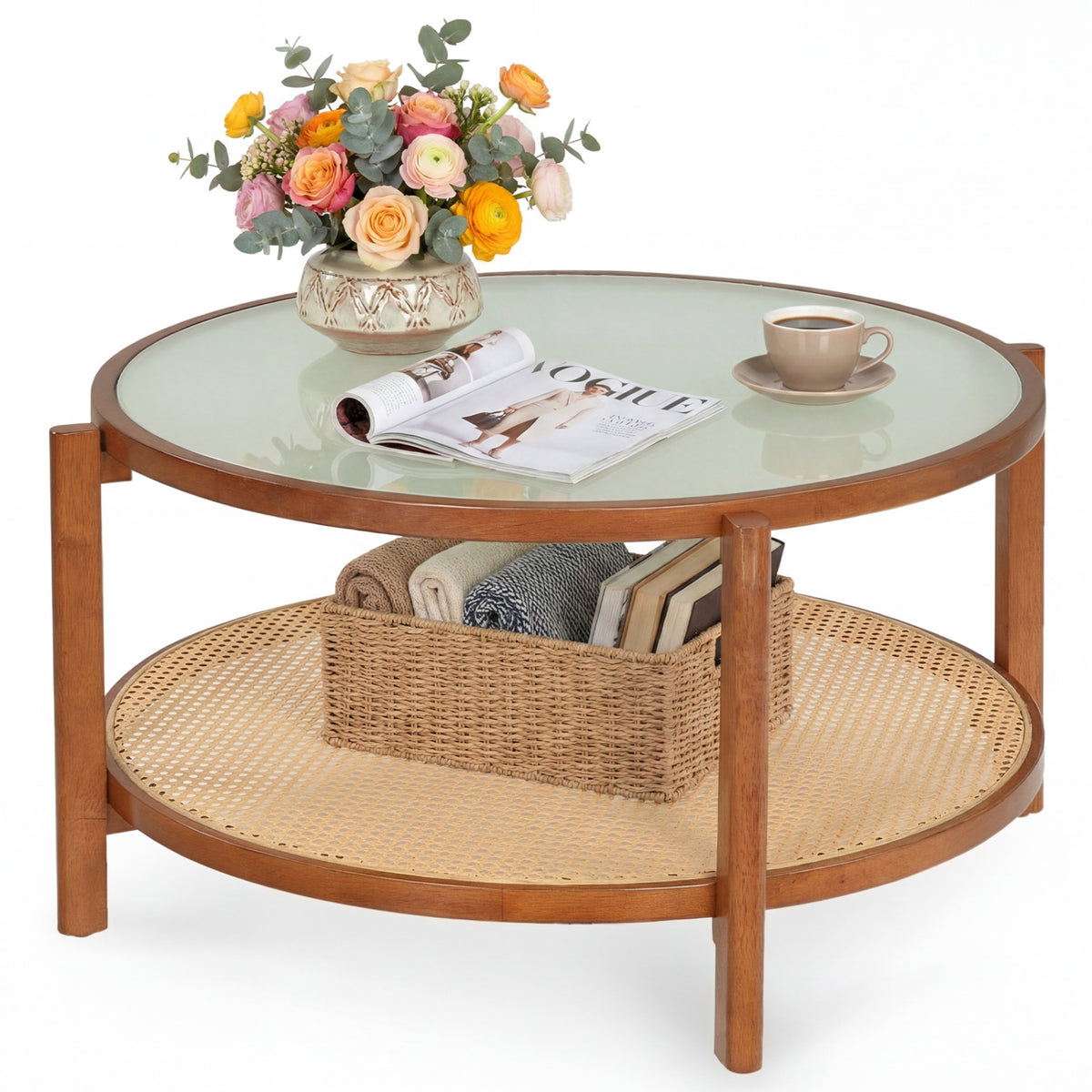 2-Tier Rattan Coffee Table with Frosted Glass Top, Walnut
