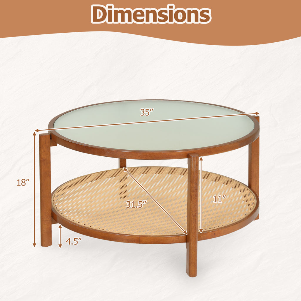2-Tier Rattan Coffee Table with Frosted Glass Top, Walnut