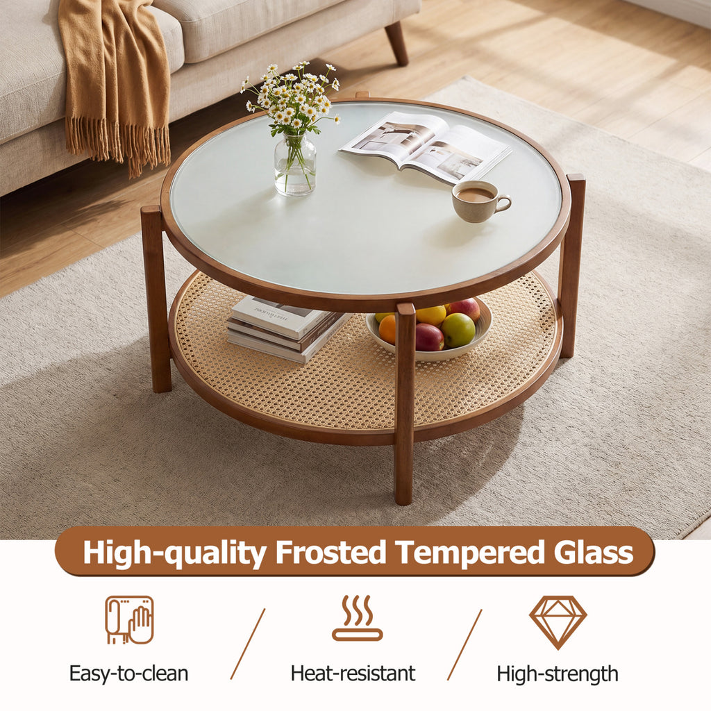 2-Tier Rattan Coffee Table with Frosted Glass Top, Walnut