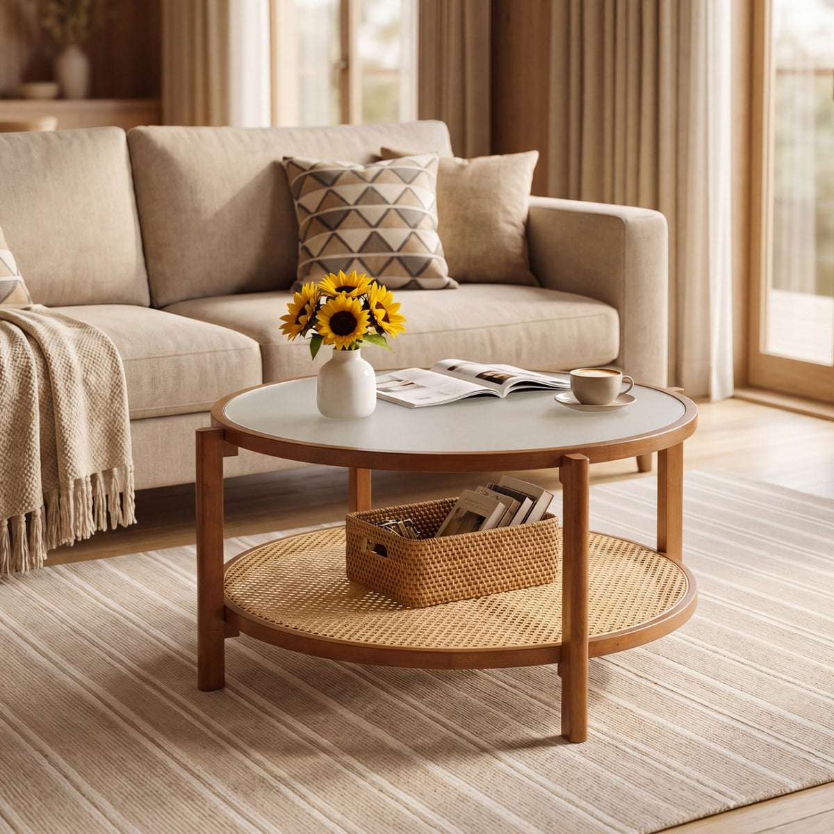 2-Tier Rattan Coffee Table with Frosted Glass Top, Walnut