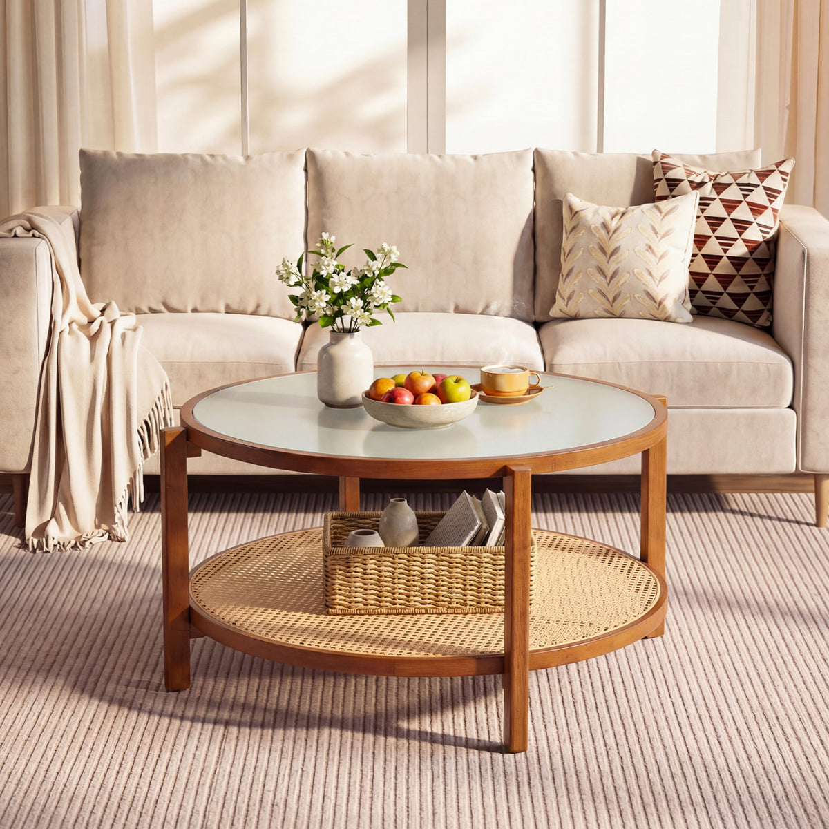 2-Tier Rattan Coffee Table with Frosted Glass Top, Walnut