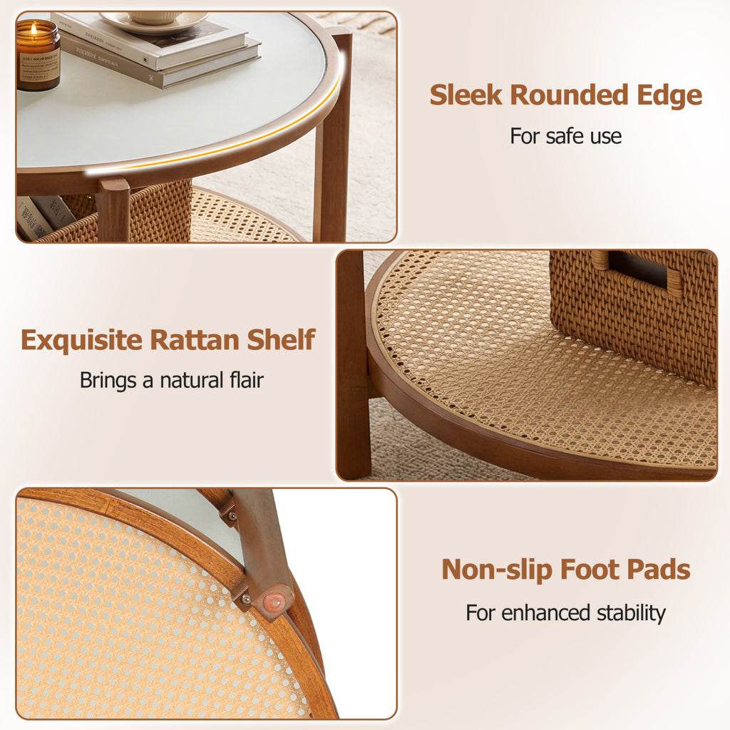 2-Tier Rattan Coffee Table with Frosted Glass Top, Walnut