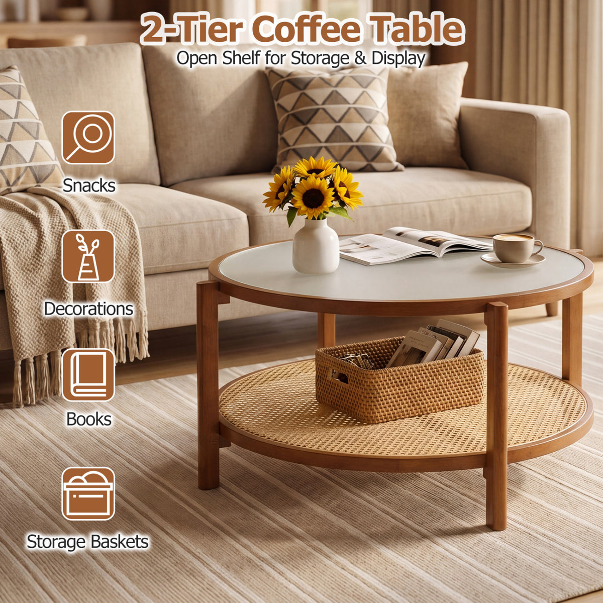2-Tier Rattan Coffee Table with Frosted Glass Top, Walnut