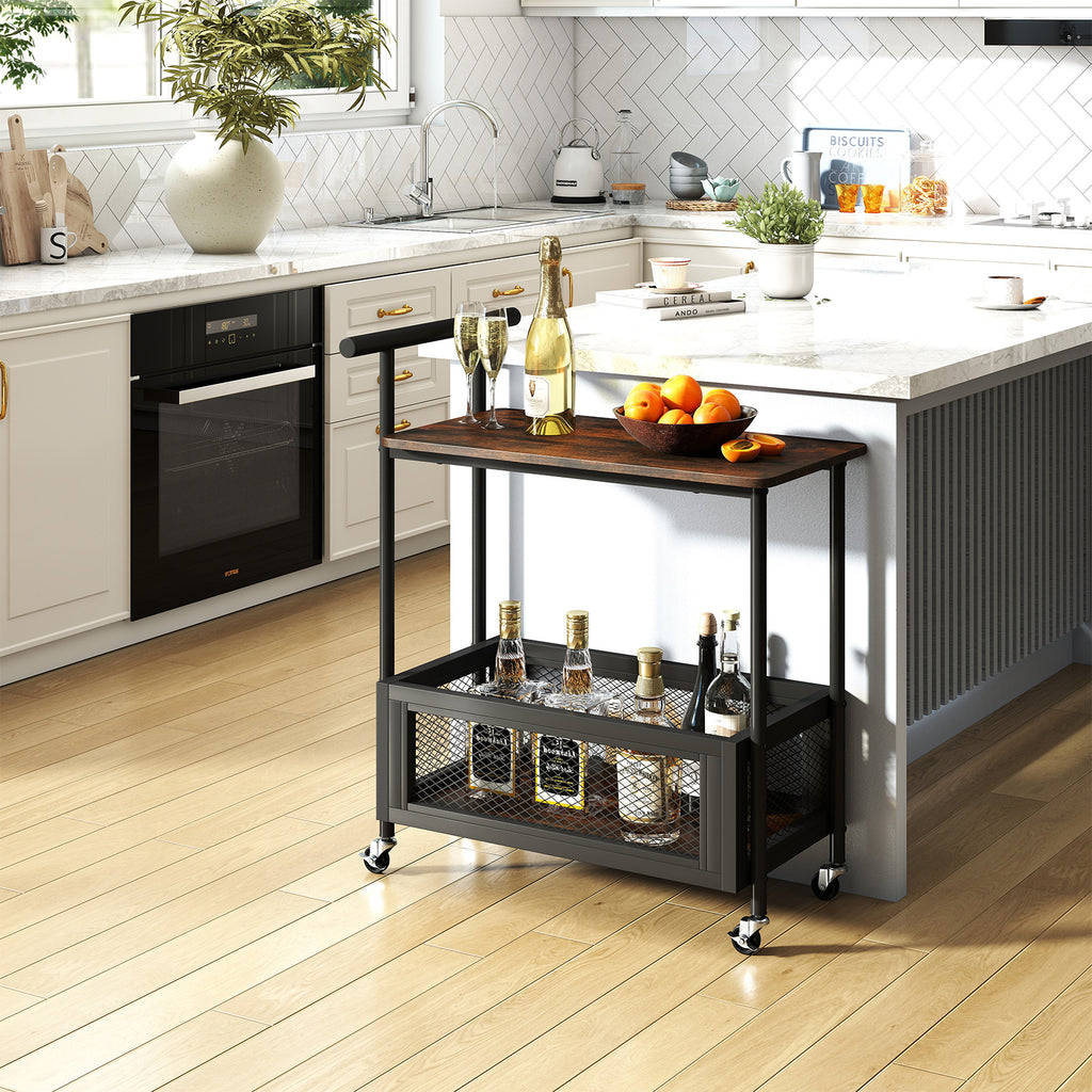 2-Tier Rolling End Table with Handle, Rustic Brown