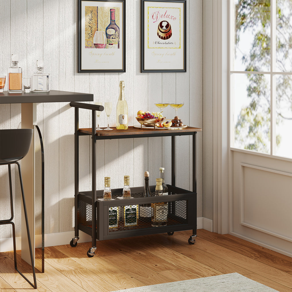 2-Tier Rolling End Table with Handle, Rustic Brown