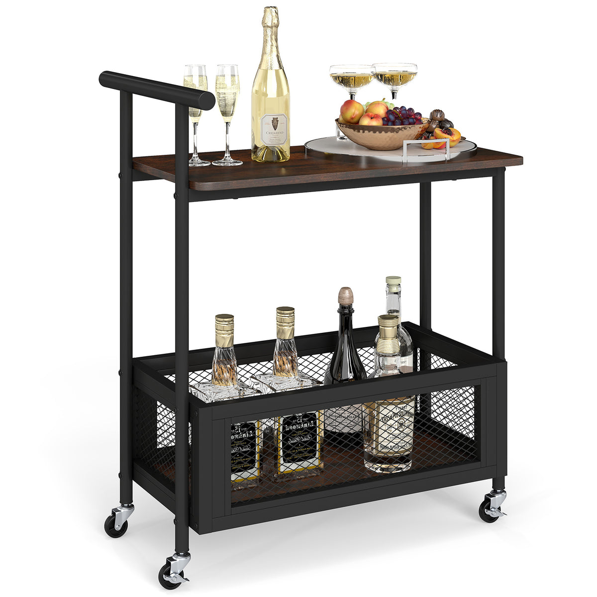 2-Tier Rolling End Table with Handle, Rustic Brown