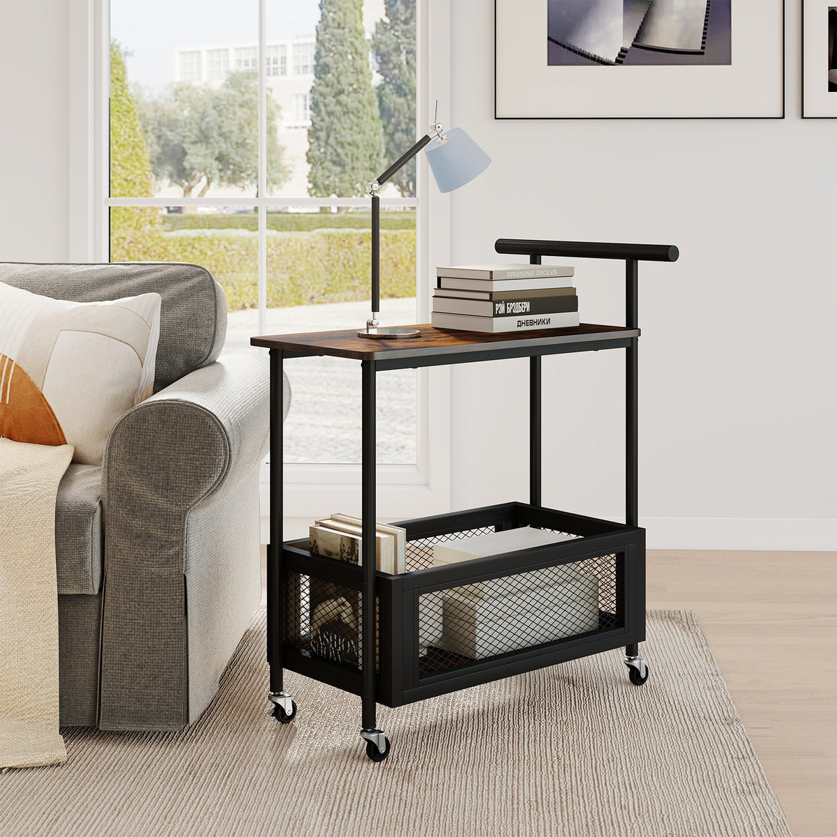 2-Tier Rolling End Table with Handle, Rustic Brown
