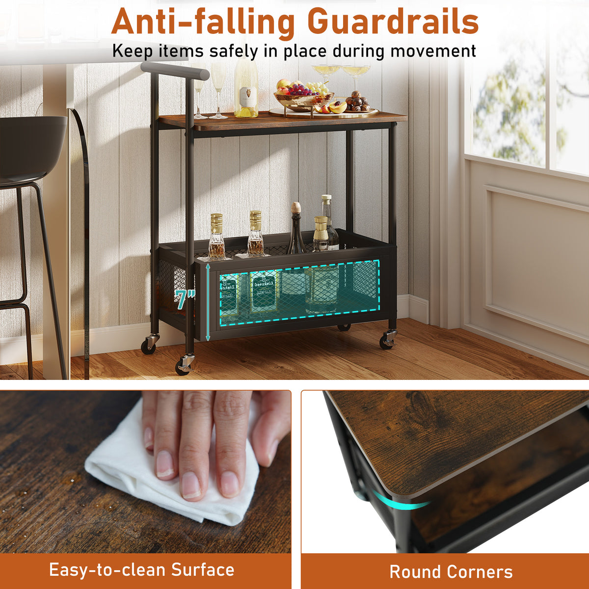 2-Tier Rolling End Table with Handle, Rustic Brown