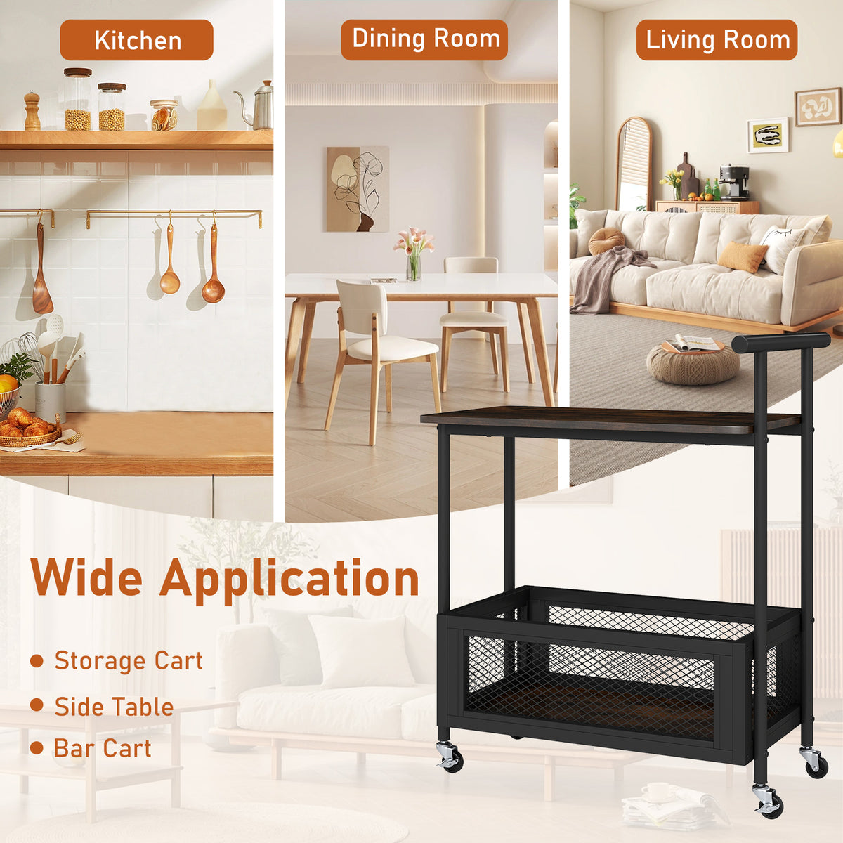 2-Tier Rolling End Table with Handle, Rustic Brown