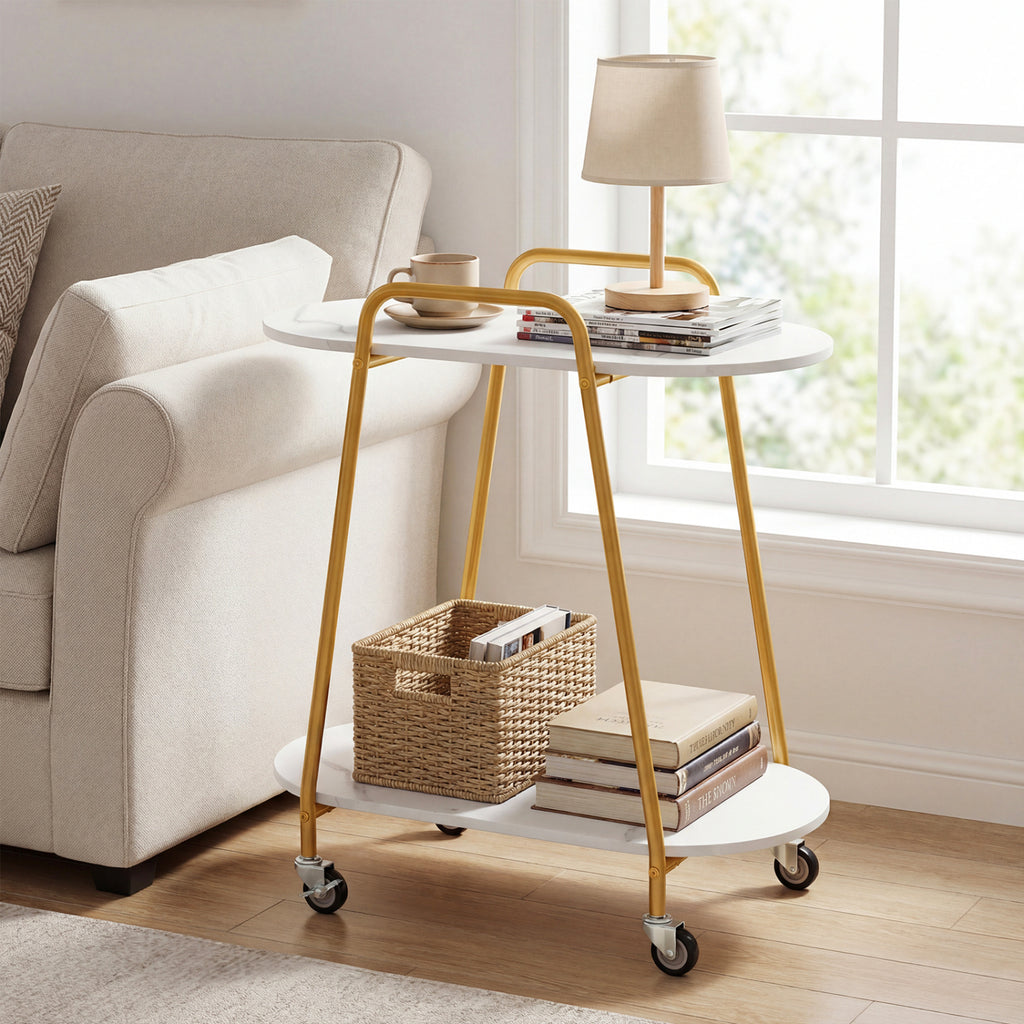 2-Tier Rolling End Table with Faux Marble Surfaces - White