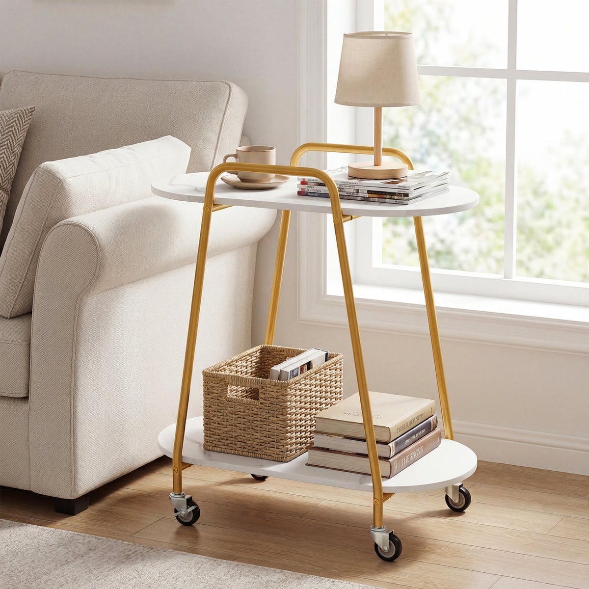2-Tier Rolling End Table with Faux Marble Surfaces - White