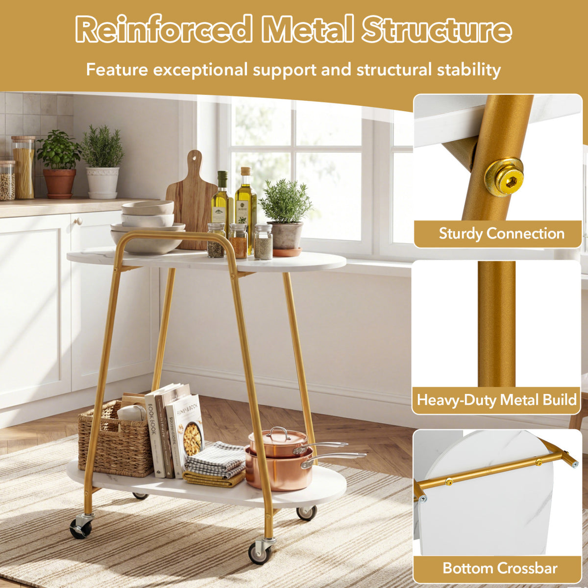 2-Tier Rolling End Table with Faux Marble Surfaces - White