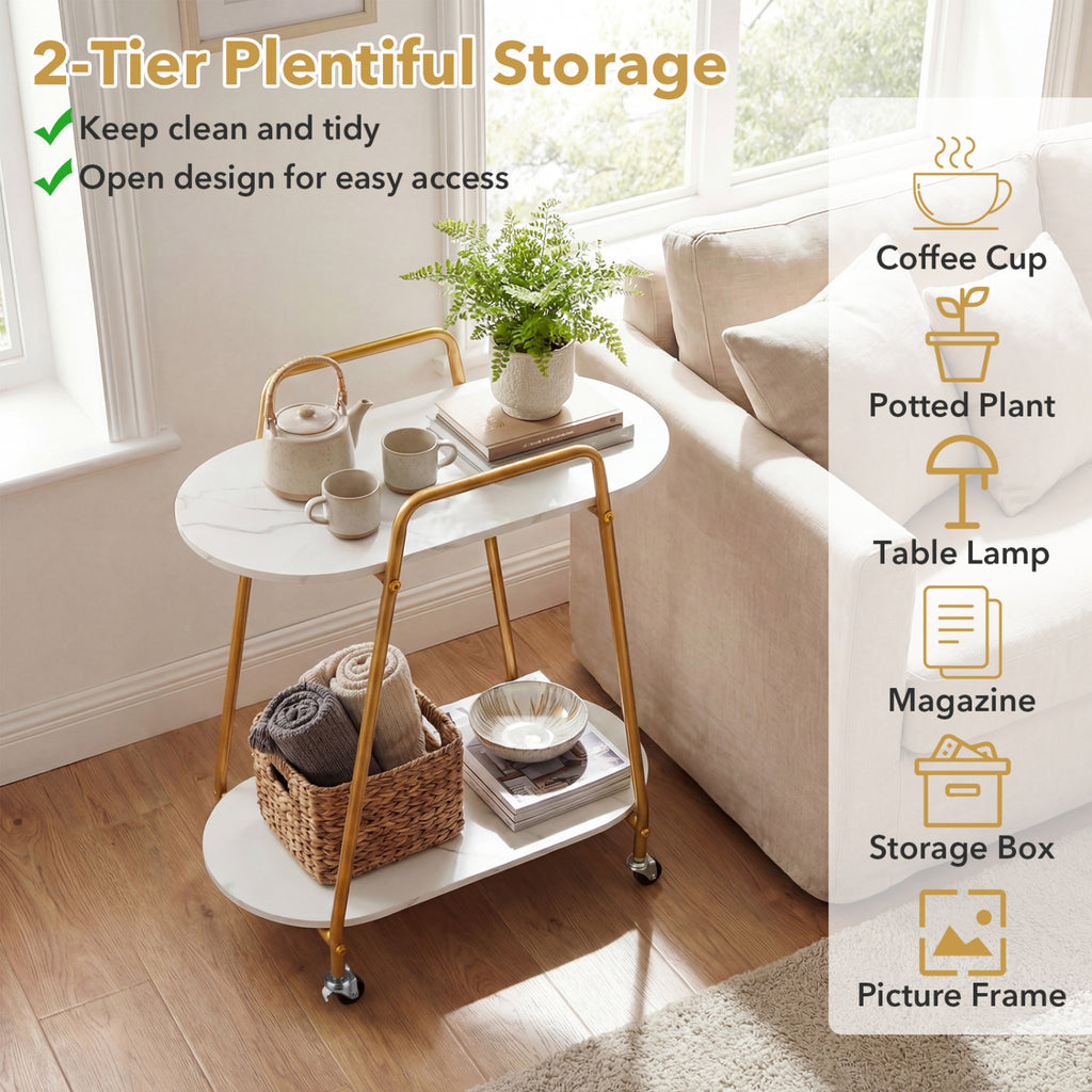 2-Tier Rolling End Table with Faux Marble Surfaces - White