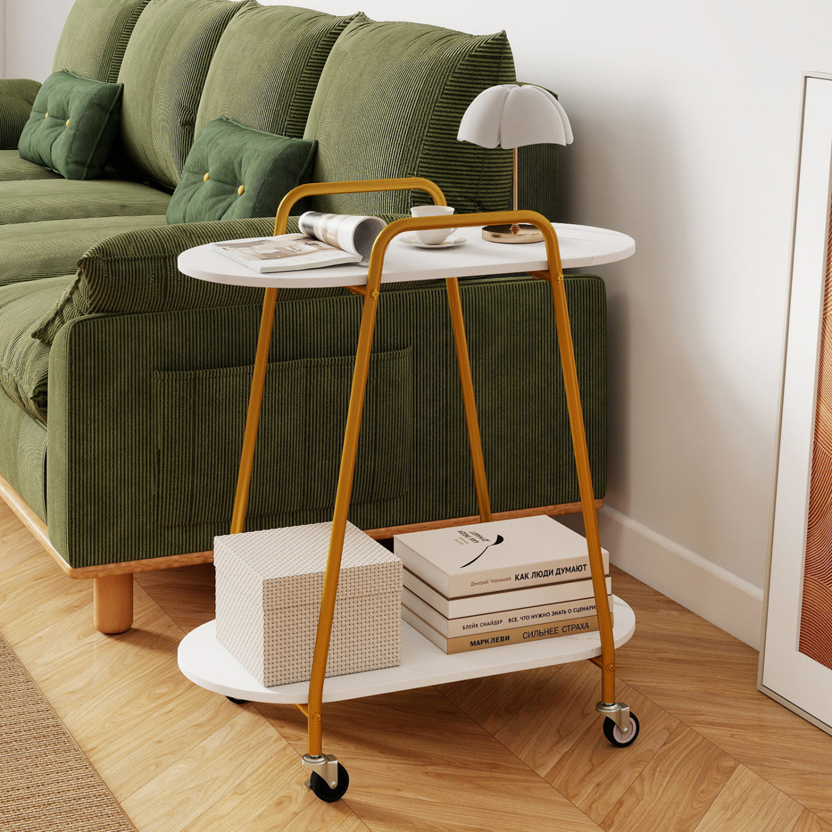 2-Tier Rolling End Table with Faux Marble Surfaces - White