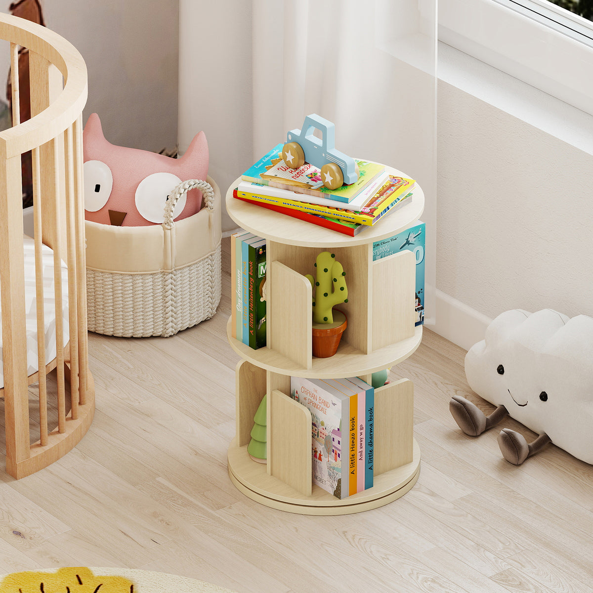 2-Tier Rotating Bookshelf with Dividers - Natural
