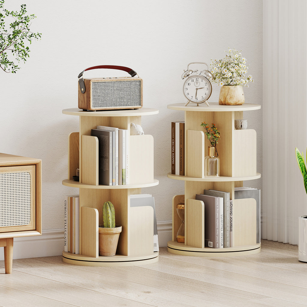 2-Tier Rotating Bookshelf with Dividers - Natural